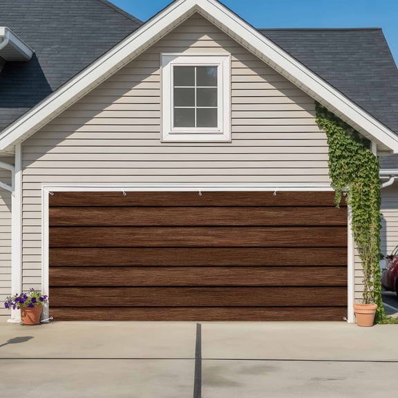 Dark Brown Wooden Garage Door Cover Banner 7 x 16 FT, Vintage Western Country Wooden Board Garage Door Curtains Backdrop with Grommets for Indoor Outdoor Wall Party Porch Yard Decorations Background