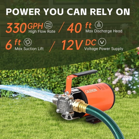12V Water Transfer Pump, 330 GPH Portable  Utility Pump with 6ft Suction Hose, Self-Priming Battery Powered Pump for Garden, Rain Barrel, RV Tank, Boat & Emergency Draining