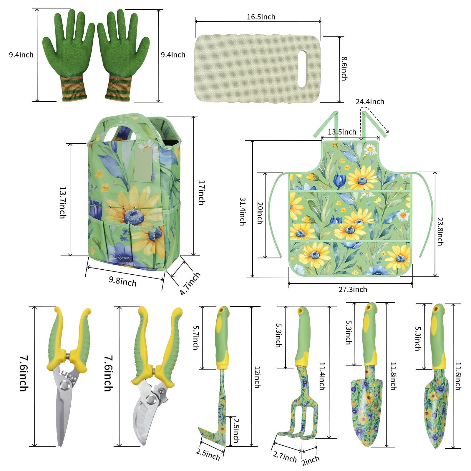 ZUEXT Green Garden Tool Sets 10-Piece, Heavy Duty Gardening Hand Tools with Non-Slip Ergonomic Handle, Flower Print Garden Tool Bag, Gardening Gifts for Women, Plant Lover Gifts for Mom Grandma