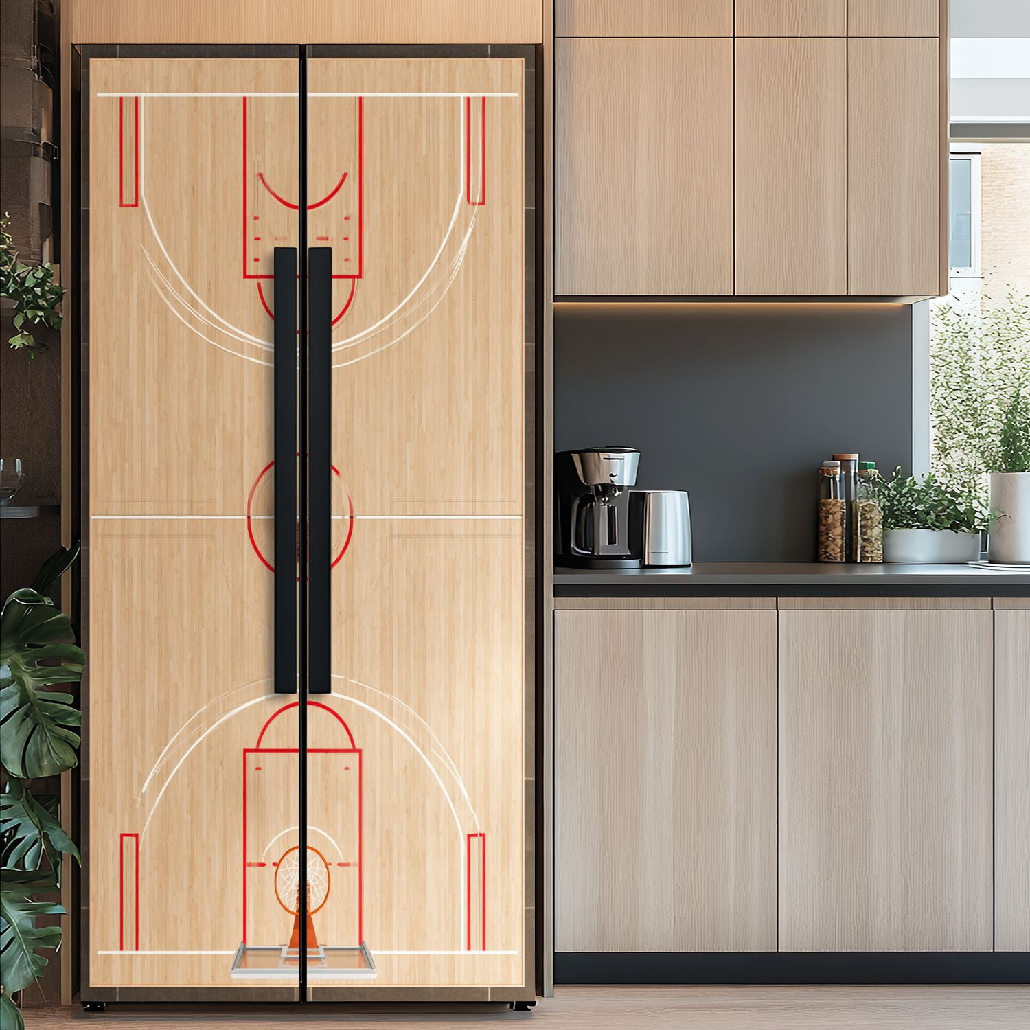 Self Adhesive Vinyl Refrigerator Wrap Set An aerial view half end basketball court Door Mural Removable Fridge Sticker Peel and Stick&nbsp;Full Door Cover Decal Kitchen Bar Decor