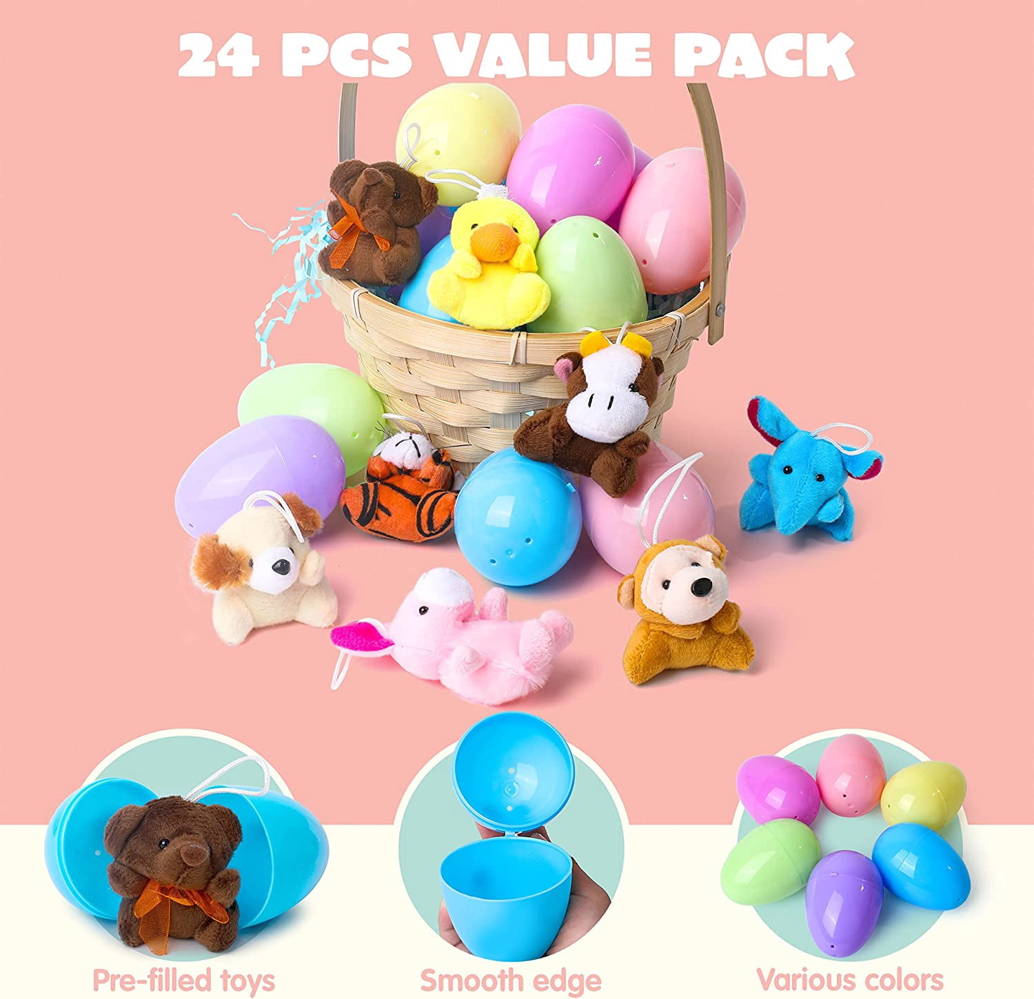 24 Pack Prefilled Easter Eggs of Mini Stuffed Animal Plush Toys Baster Stuffer Filler for Kids Easter Egg Hunt Game, Classroom Prize Supplies