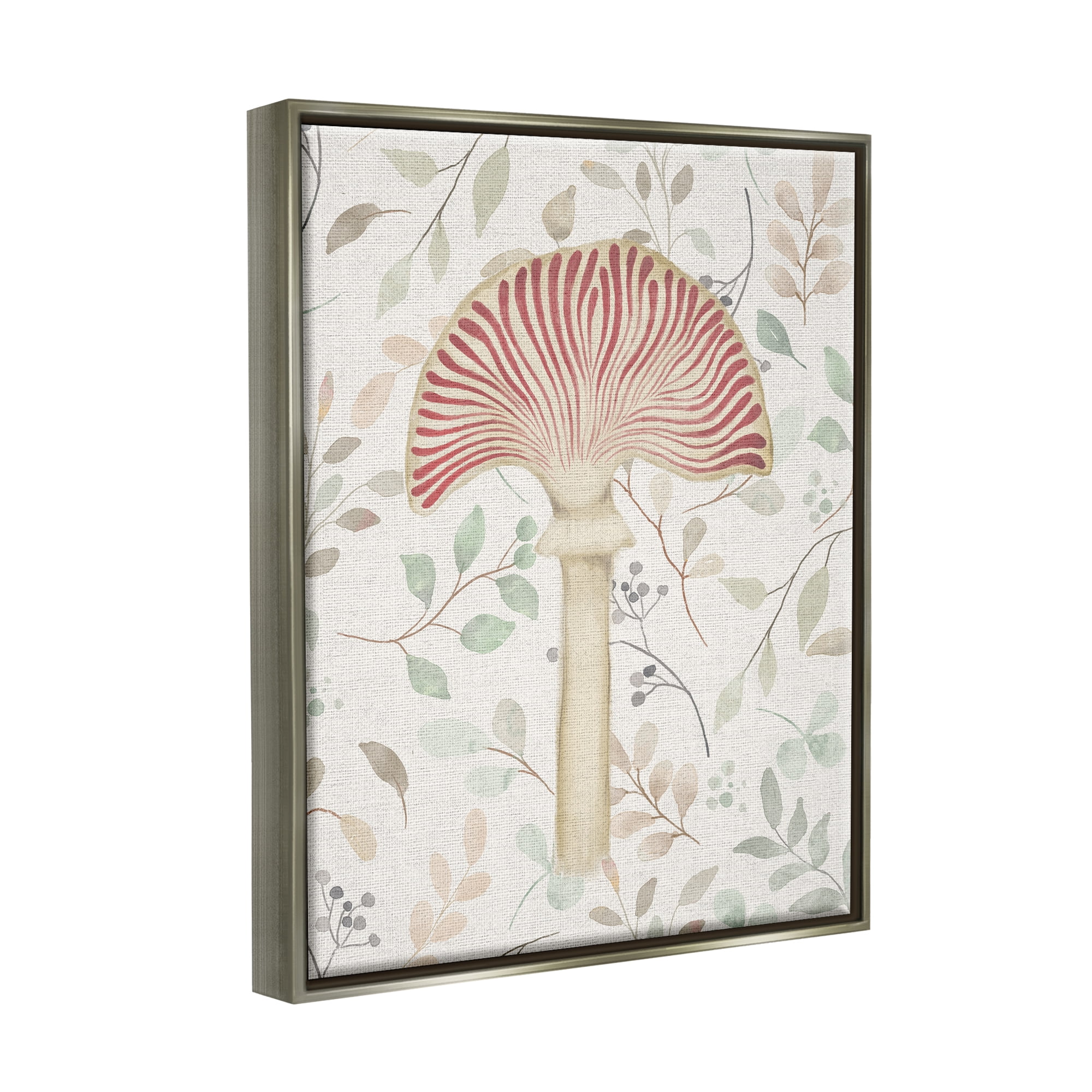 Stupell Industries Soft Botanicals & Mushroom Botanical & Floral Painting Gray Floater Framed Canvas Art Print Wall Art, 25 x 31
