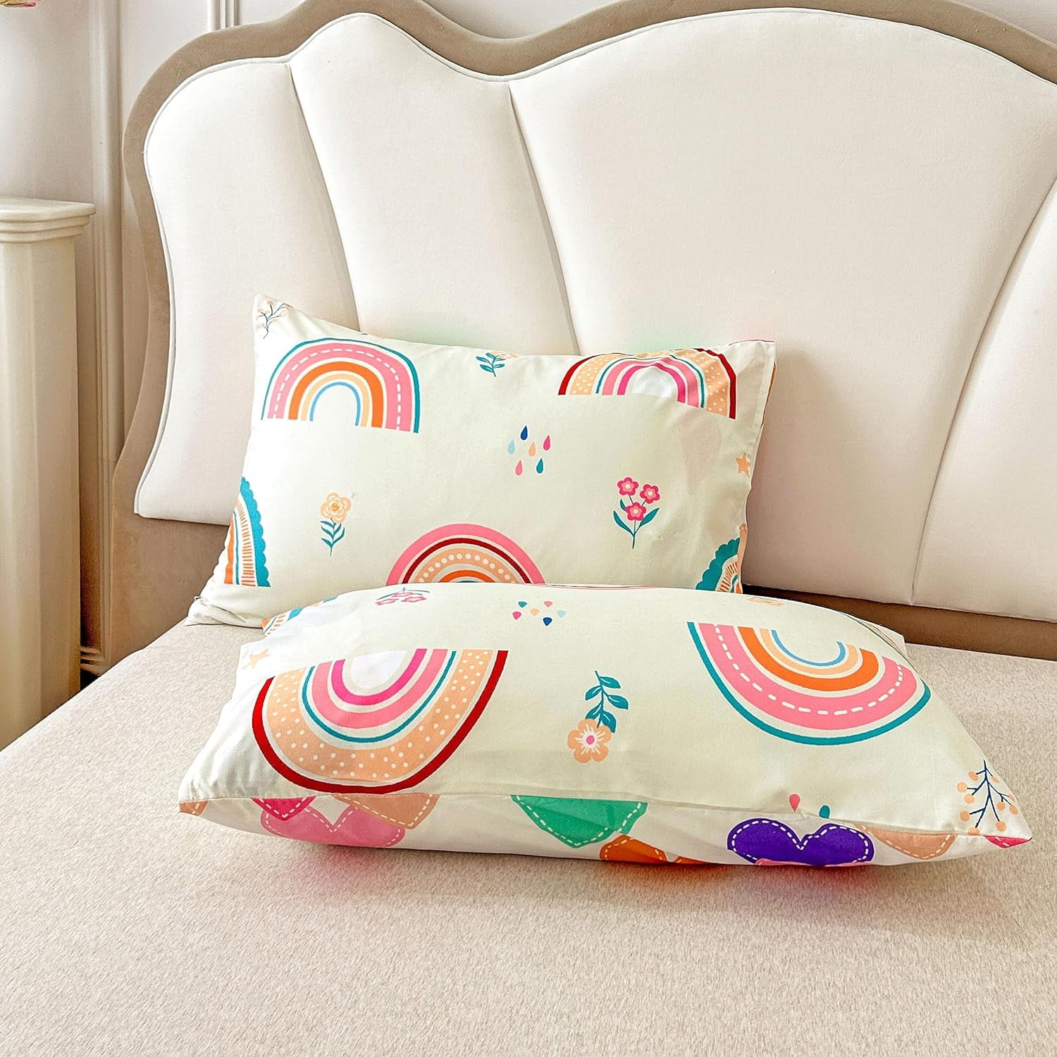 NTBED Rainbow Comforter Set with 2 Pillow Covers Cartoon Love Hearts Flowers and Grass Bedding Set for Girls Boys Kids Full Multi-Color 3 Pcs