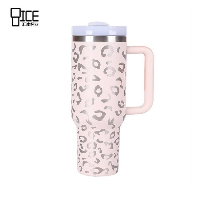 Gobelet Amélioré de 40 Oz avec Poignée, Gobelet avec Couvercle et Paille en Acier Inoxydable à Double Paroi Isolé sous Vide, Gobelet Léopard de 40 Oz avec Poignée, Paille, Couvercle 2-en-1, Léopard Laser