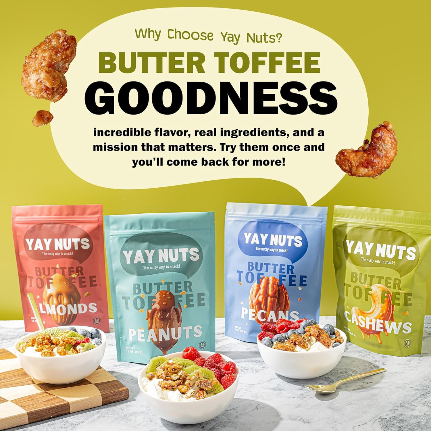 Yay Nuts Butter Toffee Cashews, Sweet and Crunchy Gourmet Snack, 1 lb Resealable Bag
