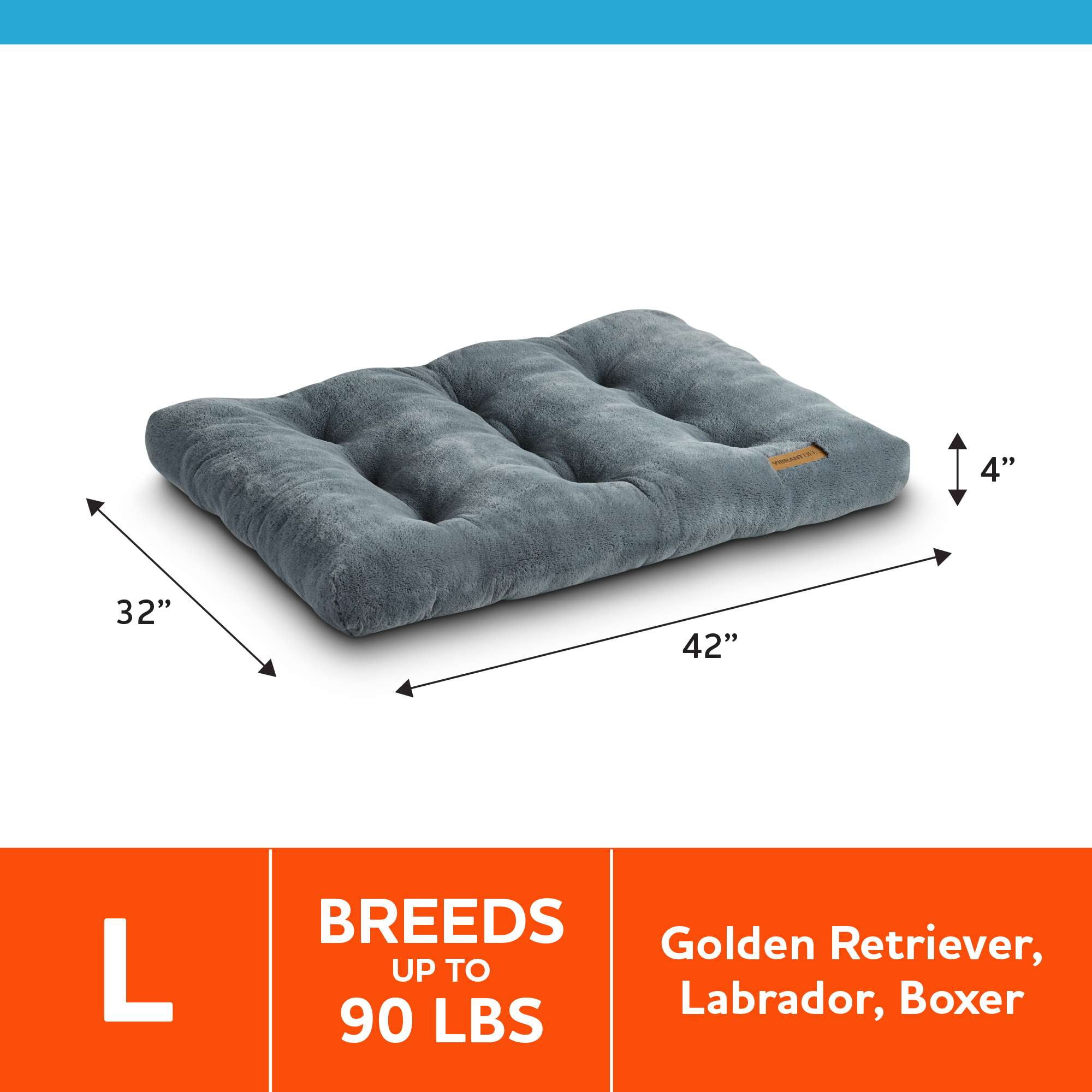(2 pack) Vibrant Life Large Dog Bed, Plush Pillow Bed For Large Breeds, Large, 42" x 32", Grey