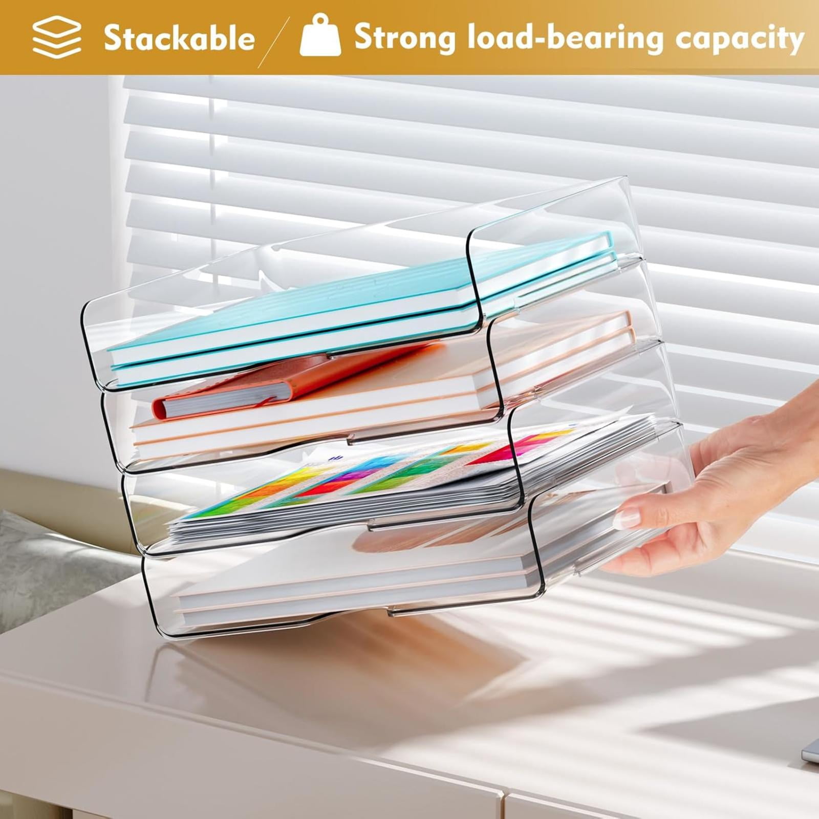 PHANCIR Clear 4-Tier Stackable Desk Organizer, Horizontal Paper File Tray, Desktop Document Sorter & Storage for Office, Home, School, Holds A4, Letters, Notebooks, Books & Office Supplies