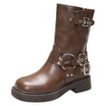thumbnail image 3 of Womens Biker Motorcycle Mid Calf Boots Square Toe Low Heel Thick Sole Riding Boots with Fashion Buckles Studded, 3 of 7