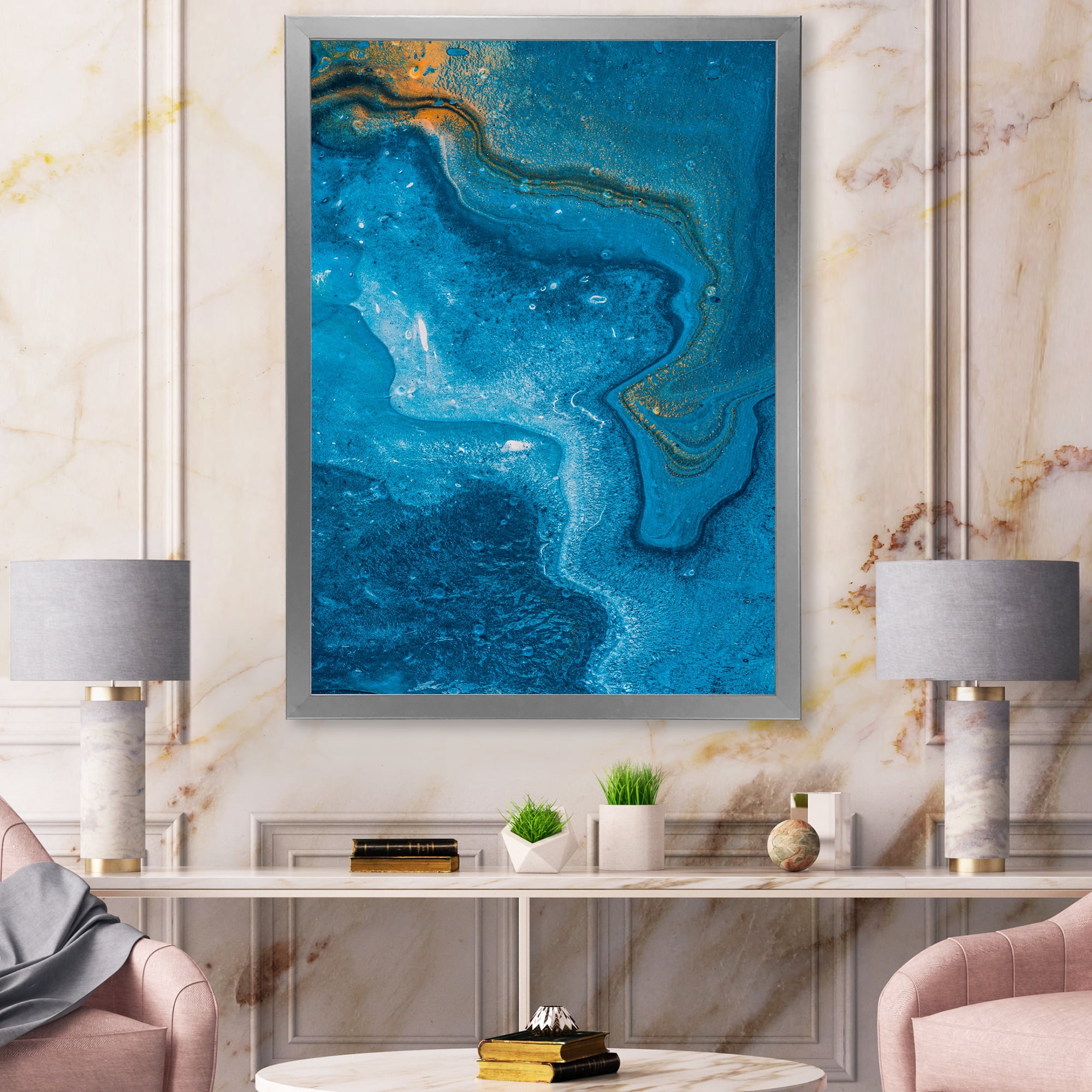Designart 'Abstract Blue Marble Composition II' Modern Framed Art Print