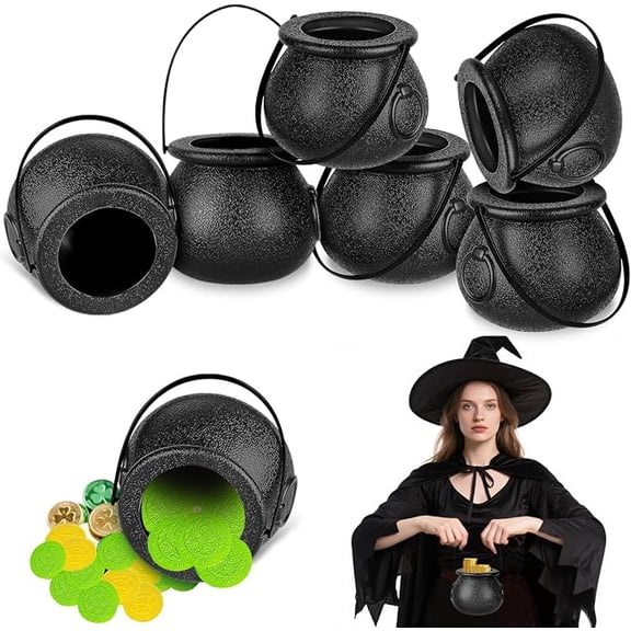 Yuango 6-Piece Halloween Witch Cauldron Candy Bucket 2.4in Mini Plastic Storage Pot with Handle Party Dessert Table Decoration Black