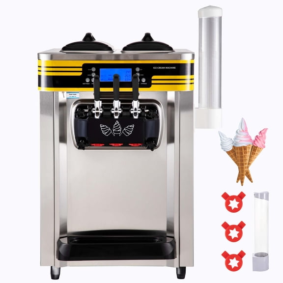 KFFKFF Commercial Ice Cream Maker, 22-30L/H Output, Countertop Soft Serve Machine with Dual 6L Hoppers, 2L Cylinder, LCD Control Panel, Puffing and Shortage Alerts, Frozen Yogurt Maker