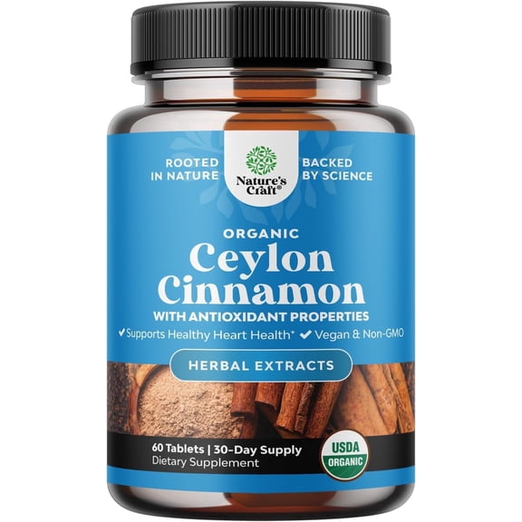Organic Ceylon Cinnamon Extract Tablets 1000mg - Ceylon Cinnamon Organic Supplement for Immune System & Heart Health Aid - Immune Support Supplements for Adults - 60 Count