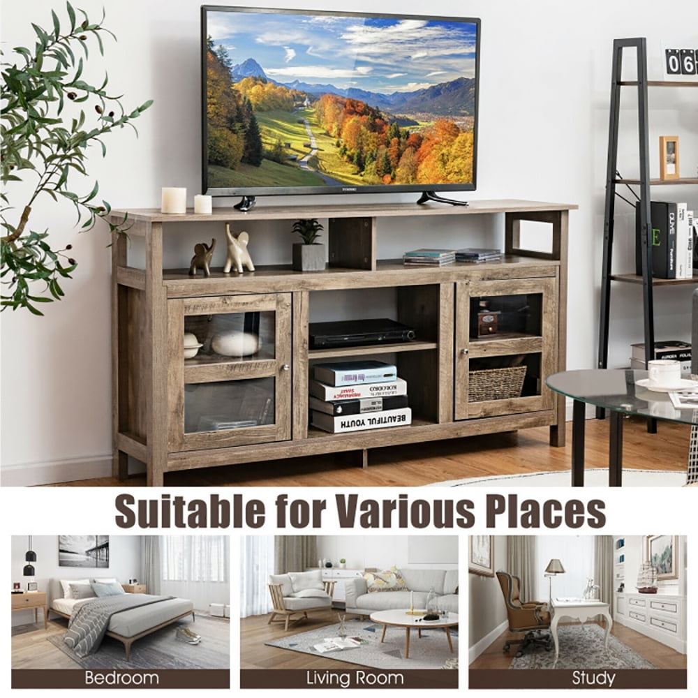 Finihen TV Stand, TV Cabinet, 58 Inch TV Stand Entertainment Console Center with 2 Cabinets, Media Entertainment Center with Storage, for Living Room, Bedroom, Natural