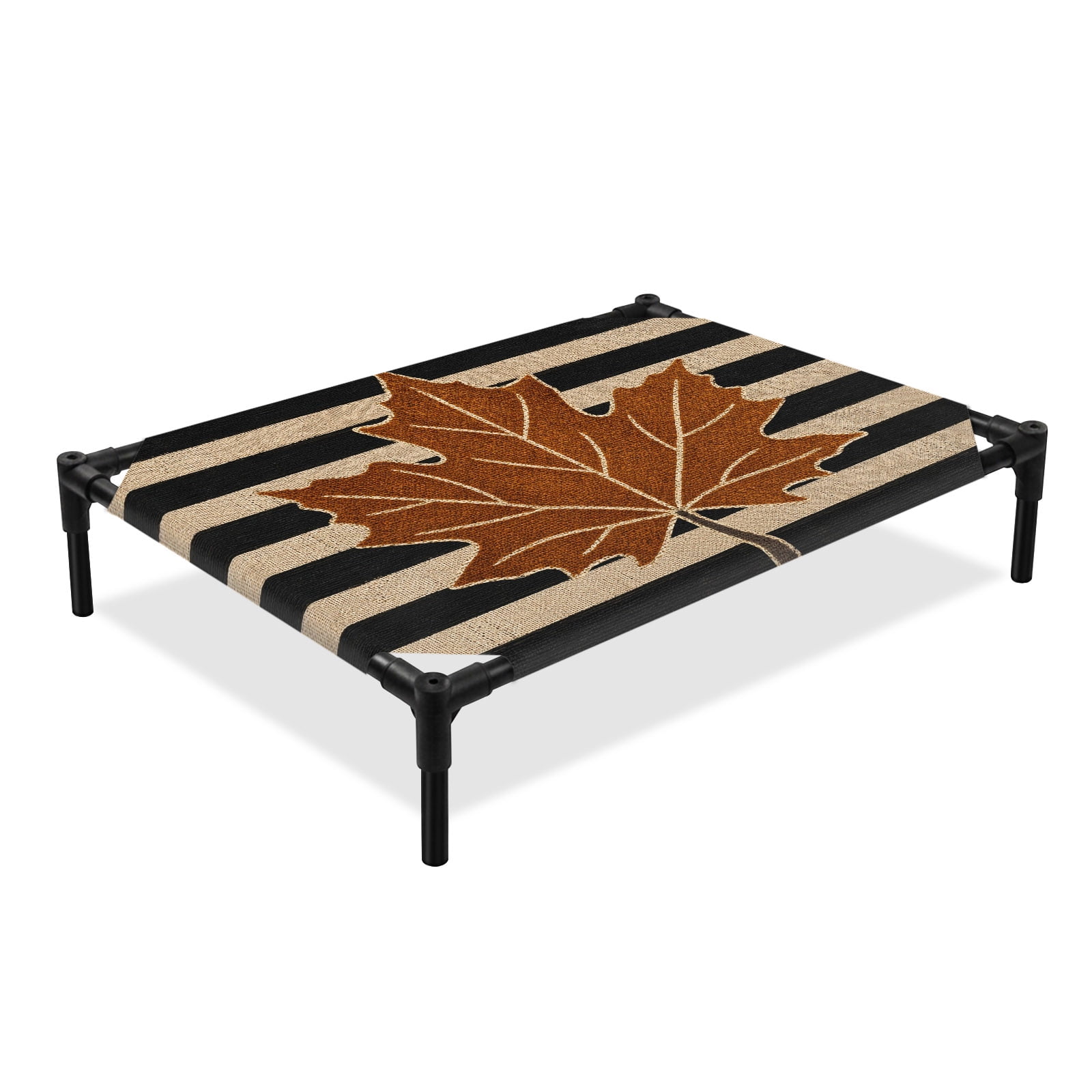 Thanksgiving Elevated Dog Bed Fall Vintage Country Orange Maple Leaf Black Stripe Cooling Breathable Outdoor Raised Dog Cot Bed with Metal Frame Non-Slip Feet for Large Dog 28x22in
