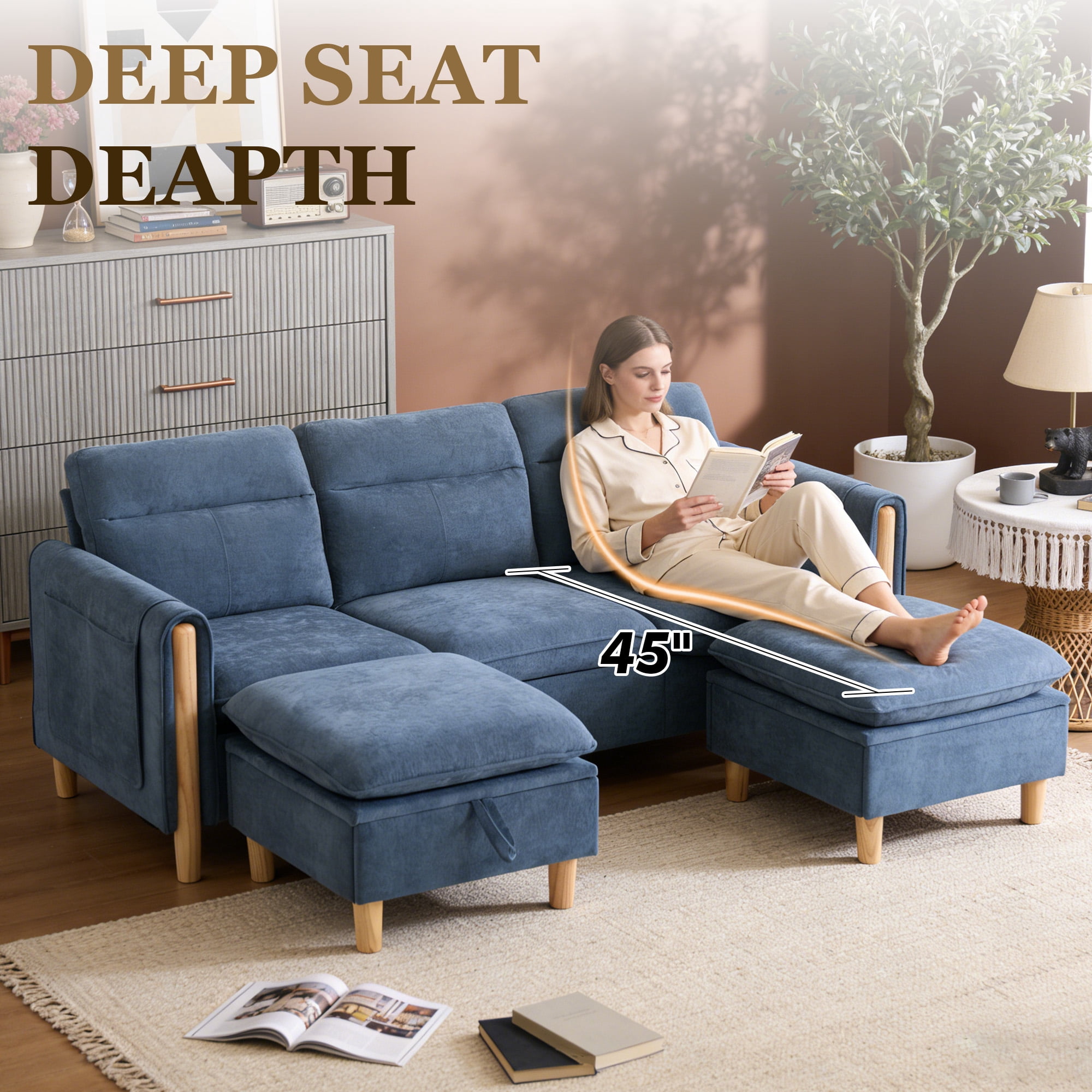 MOONMISS 3-Seater Chenille Sectional Sofa with 2 Storage Ottoman & Side Pocket Convertible Chaise Lounge for Living Room,Blue