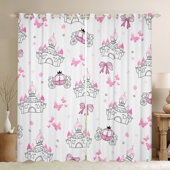 Homewish Cute Pink Castle Blackout Curtains Set of 2 (52x84 Each) for Teens Kids Children,Dreamy Princess Window Curtains,Cartoon Kawaii Butterfly Curtains and Drapes,Lightweight Room Decor