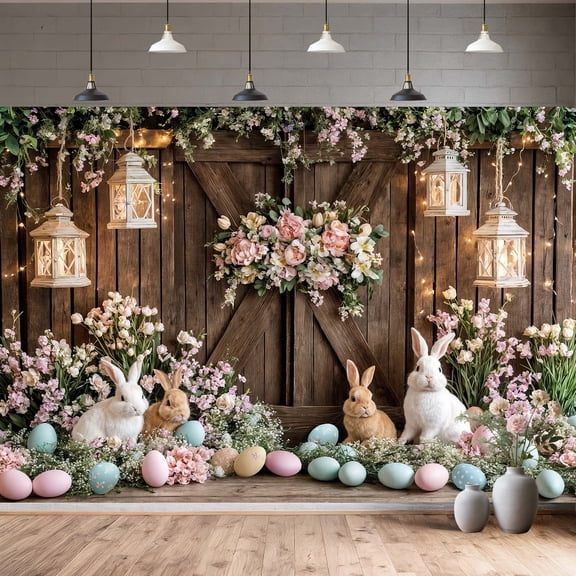 10 x 8 ft Easter Spring Photo Backdrop Party Decorations, Spring Easter Eggs Rabbit Bunny Floral Rustic Wooden Doors Backdrops for Photography Background Photo Banner Studio Booth Props