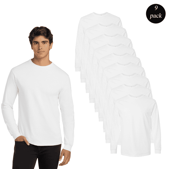 Gildan Men's Ultra Cotton Long Sleeve T-Shirt, Comfortable Crew Neck Blank Tee, White, 9-Pack, S