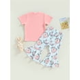 thumbnail image 4 of Genuiskids Toddler Baby Girl Easter Outfits 1 2 3 4 5 Years Kids Girl Summer Outfits Short Sleeve Bunny Ears Print T-shirt Tops Flare Pants Little Girl Bell Bottoms Clothes Set, 4 of 9