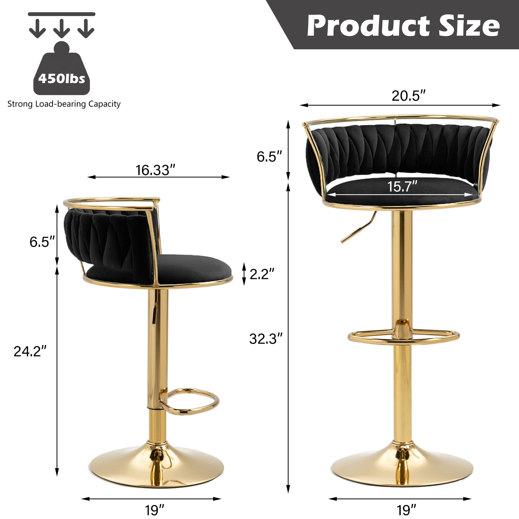 DREAMSIDEA Swivel Bar Stools Set of 4 Modern Velvet Upholstered High Back Adjustable Bar Chairs with Golden Footrest for Kitchen Counter Square Island, Black