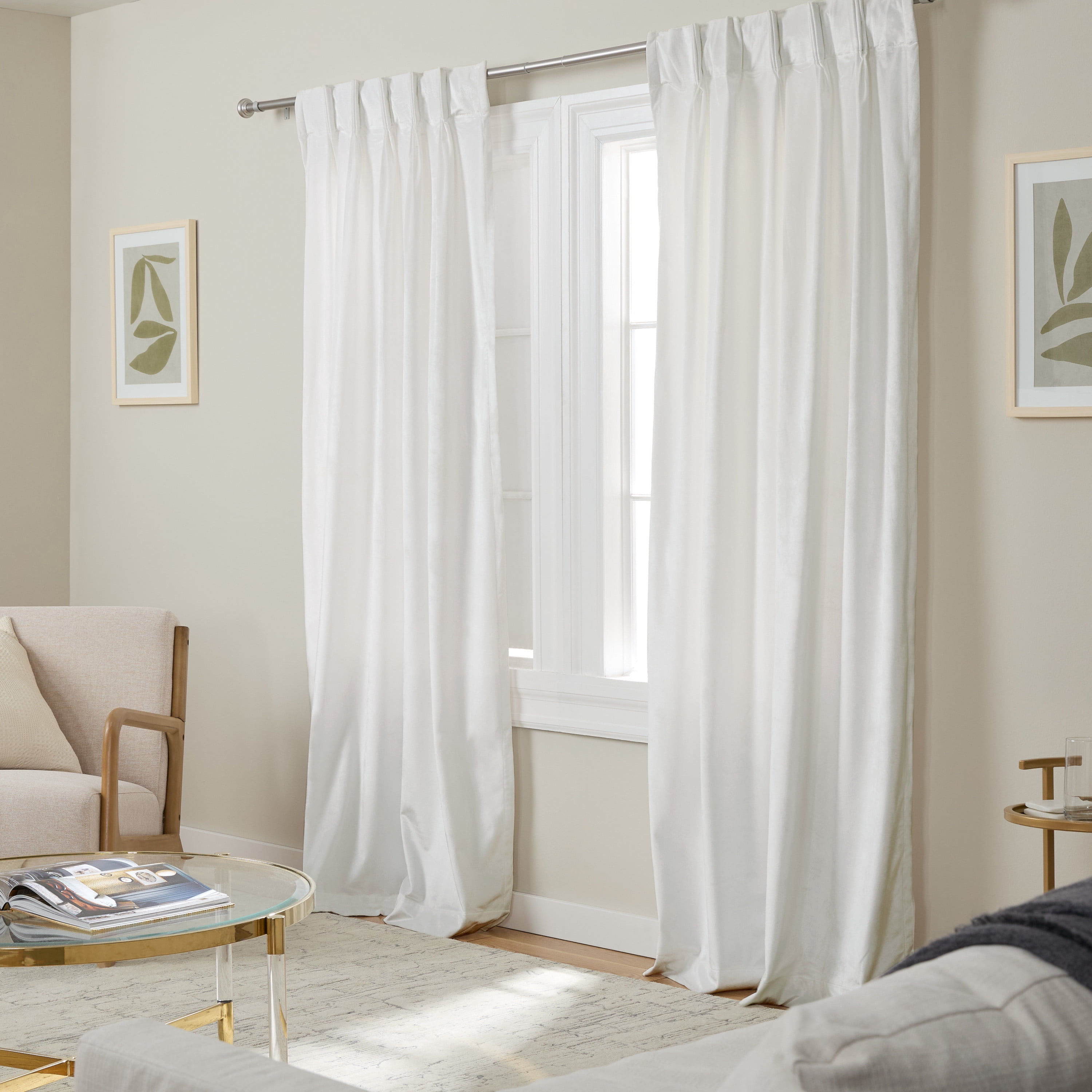 TOWN & COUNTRY LUXE Velour Solid Heavyweight Indoor Curtains, Light Filtering Opacity, Triple Pinch Pleat Top, Plush Velvet, 2-Pack Set, 27"x84", Winter White