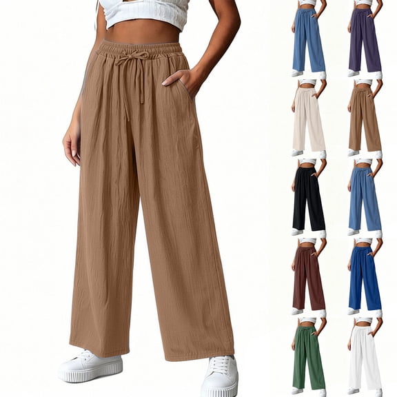 Miluxas Women's Summer Wide Leg Pants Lightweight Crinkle Elastic High Waist Casual Trousers with Pockets for Daily Leisure & Vacation White