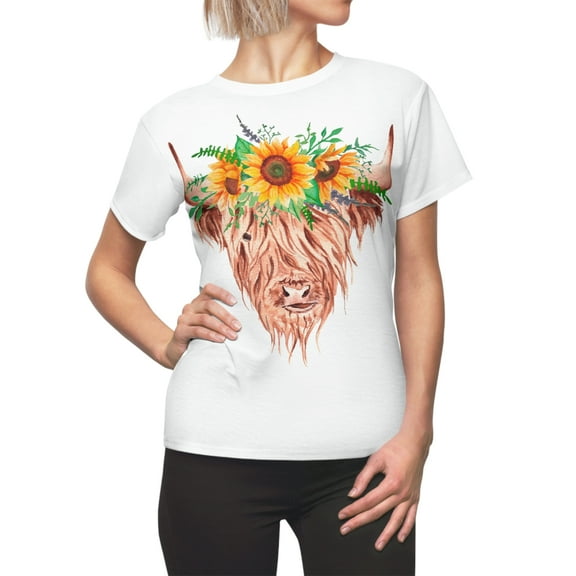 Highland Cow with Sunflower White Women's AOP Cut & Sew Tee Size: XS-2XL