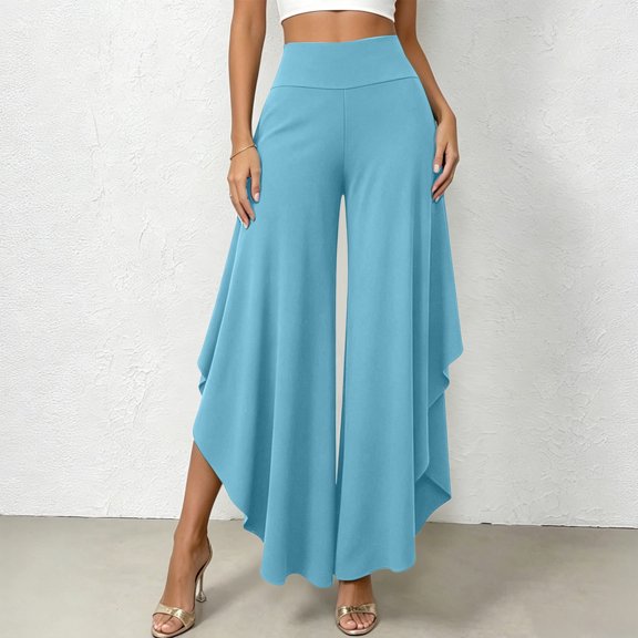 Karymi Running Shorts for Women High Waist Ruffle Layered Flowy Wide Leg Pants, Solid Elastic Waist Asymmetrical Hem Palazzo Trousers, Elegant Party Vacation Capri Pants for Women