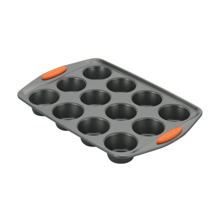 Rachael Ray Yum-o! Bakeware Oven 12-Cup Nonstick Muffin and Cupcake Pan, Gray with Orange Handles