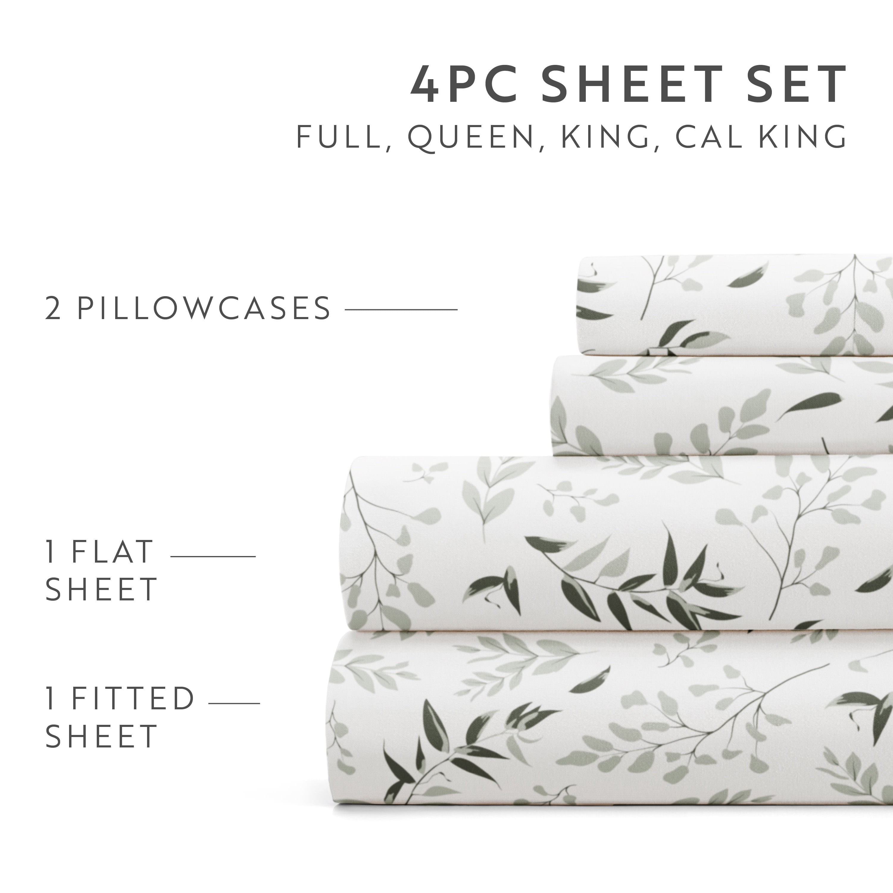 Noble Linens 4 Piece Pattern Microfiber Bed Sheets Set, Tossed Foliage Eucalyptus, Cal King