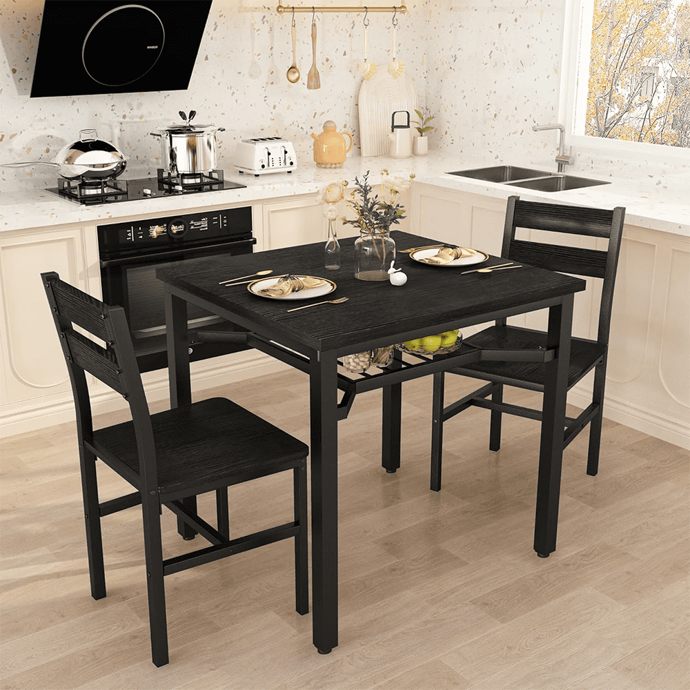LinkRomat Small Dining Table for 2, Wooden Dinner Table with Storage, 3 Piece Farmhouse Square Dinette Set for Dining Room, Apartment, Small Space
