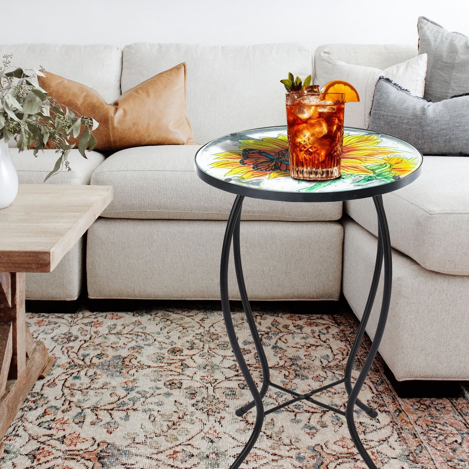 Patio Side Table Outdoor Accent Table Bistro Coffee Table Plant End Table Small Porch Table Indoor Round Glass Balcony Plant Table Stands Sunflower