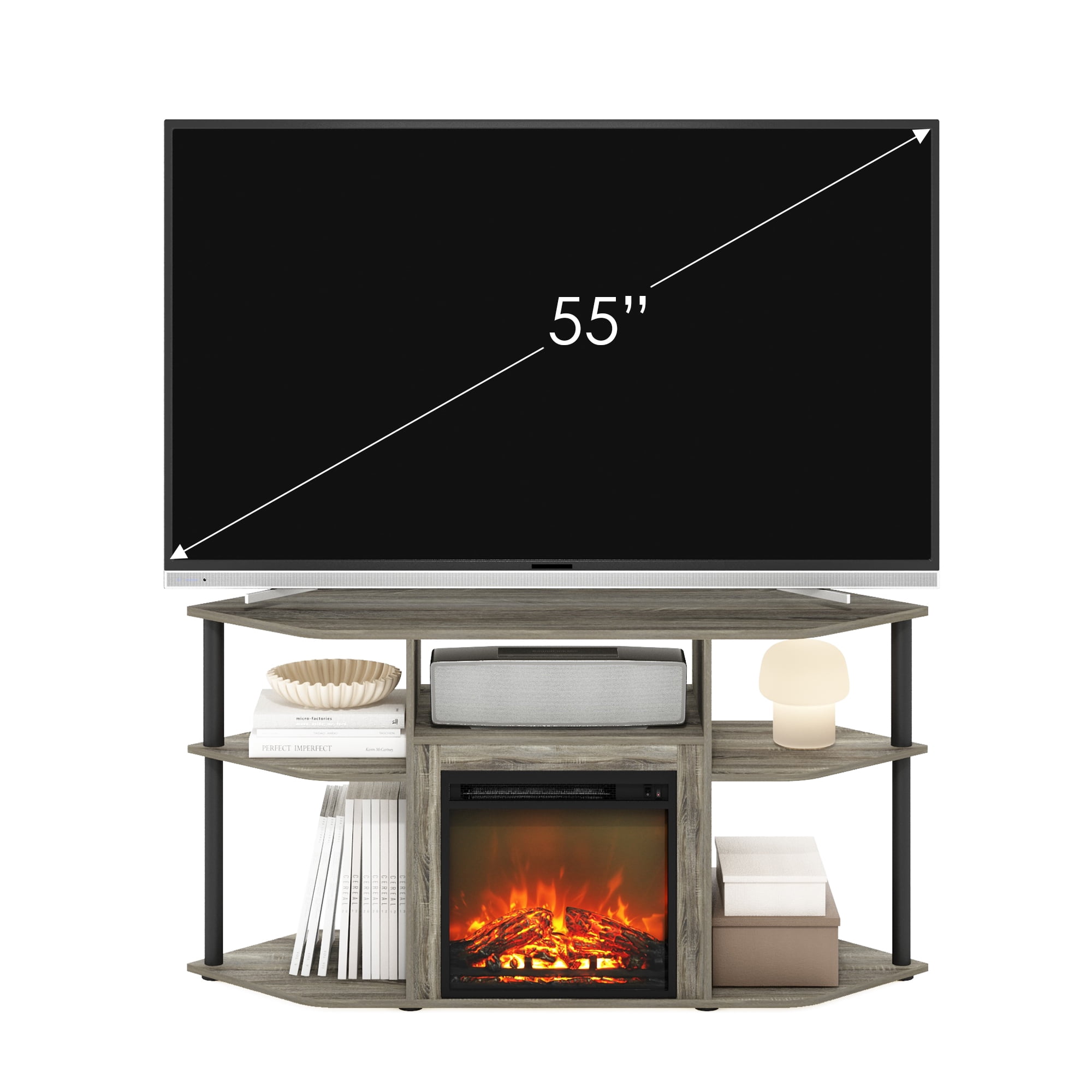 Furinno Jensen Open Storage Corner Fireplace TV Entertainment Center with Plastic Poles for TV up to 55 Inch, French Oak Grey/Black