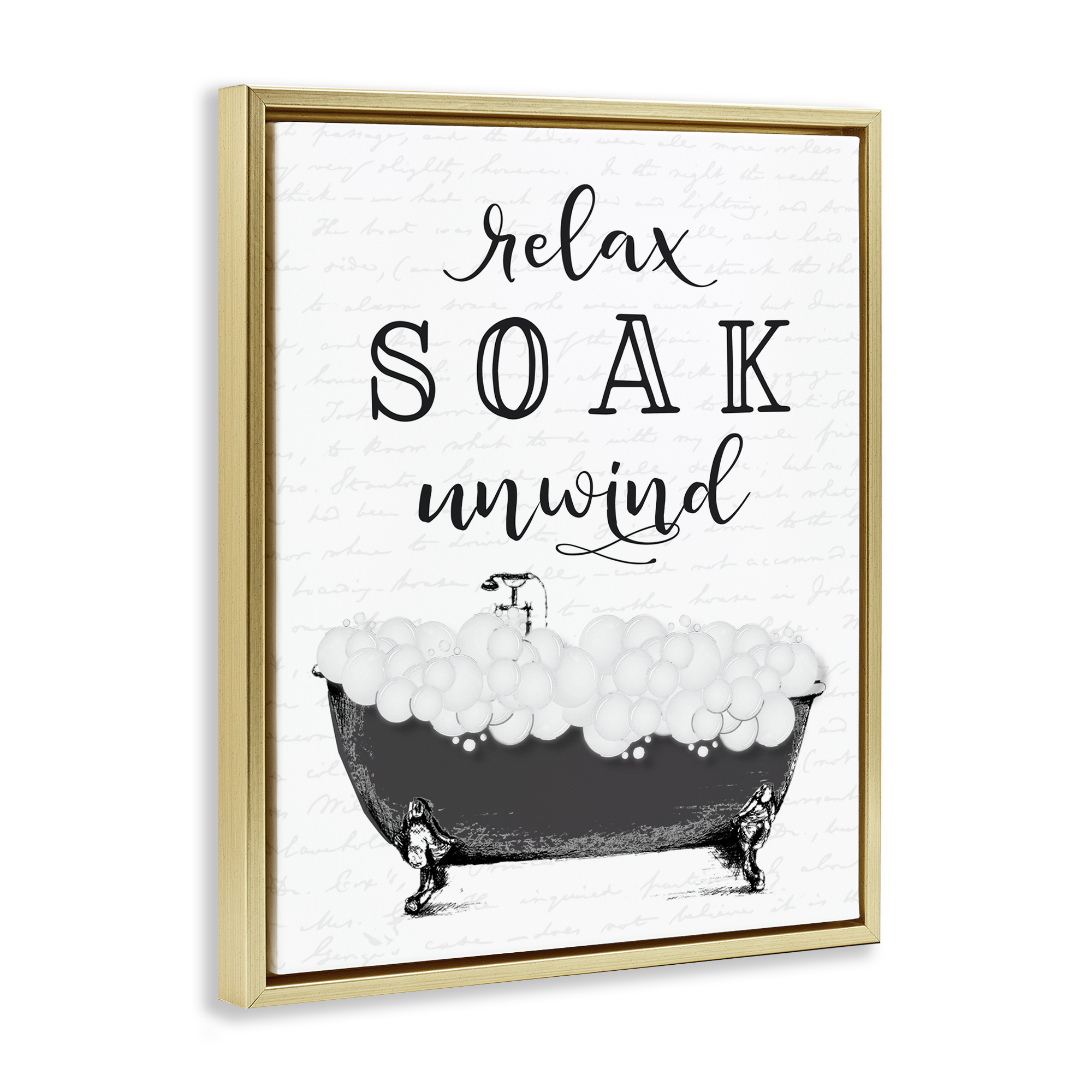 Soak Unwind Bubble Bath Gold Framed Floater Canvas Wall Art, design by Lettered and Lined