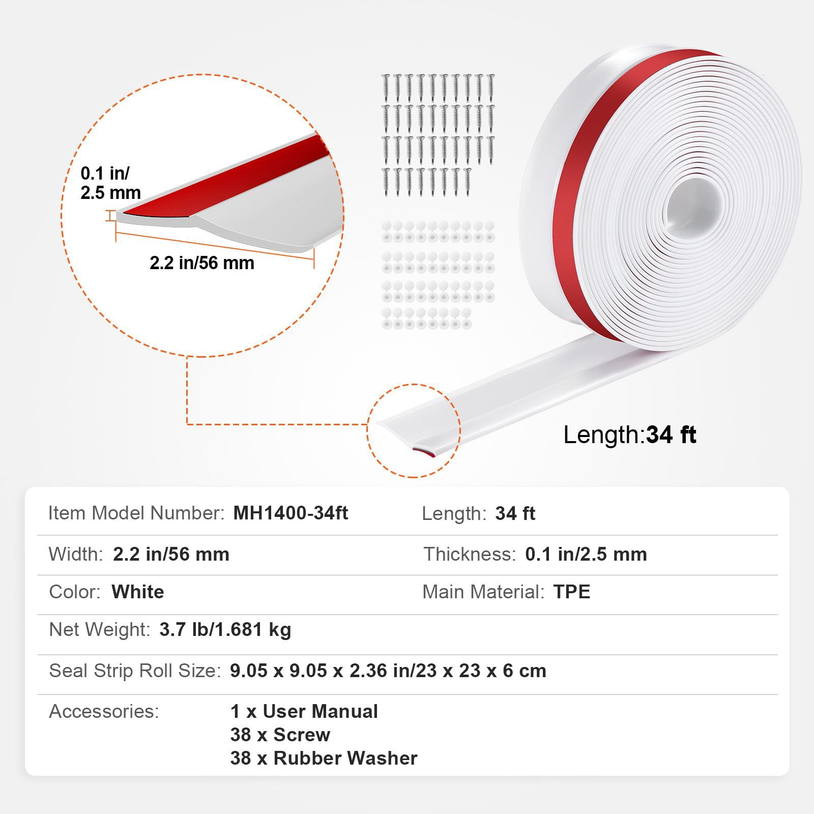 Garage Door Top and Sides Weather Seal Strip, 34 FT Universal Replacement with Adhesive, White
