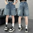 thumbnail image 2 of XAOWF Child Girls Casual Distressed Denim Shorts Retro Comfortable Elastic Waist Slacks Outdoor Play Everyday Wear 5-16 Years Relaxed Fit Trendy Trousers, 2 of 9