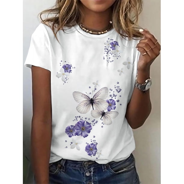 Butterfly Graphic Round Neck Sports Tee - Crew Neck Loose Short Sleeve Top - Women's Activewear - BrCamisetas para mujer, lindas camisetas con estampado gráfico, de manga corta, estilo casual, para ve