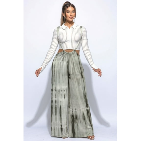 Saronite Tied Dye Printed Rayon Full Length Drawstring Baggy Jumpsuit, Olive (Women's)