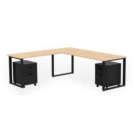 72” X 30” Desk with 48” X 24” Return and 2 Mobile Pedestals, Kensington Maple Laminate / Black Finish
