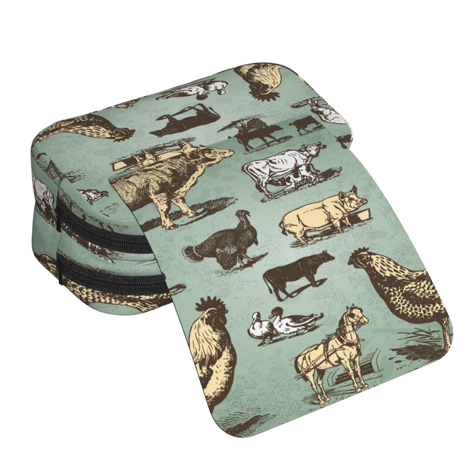 Rateoe Vintage Farm Animals Pattern Double Clamshell Pen Case, Storage Organizer with Two Zipper Compartments– Holds Up to 50 Pencils & Pens