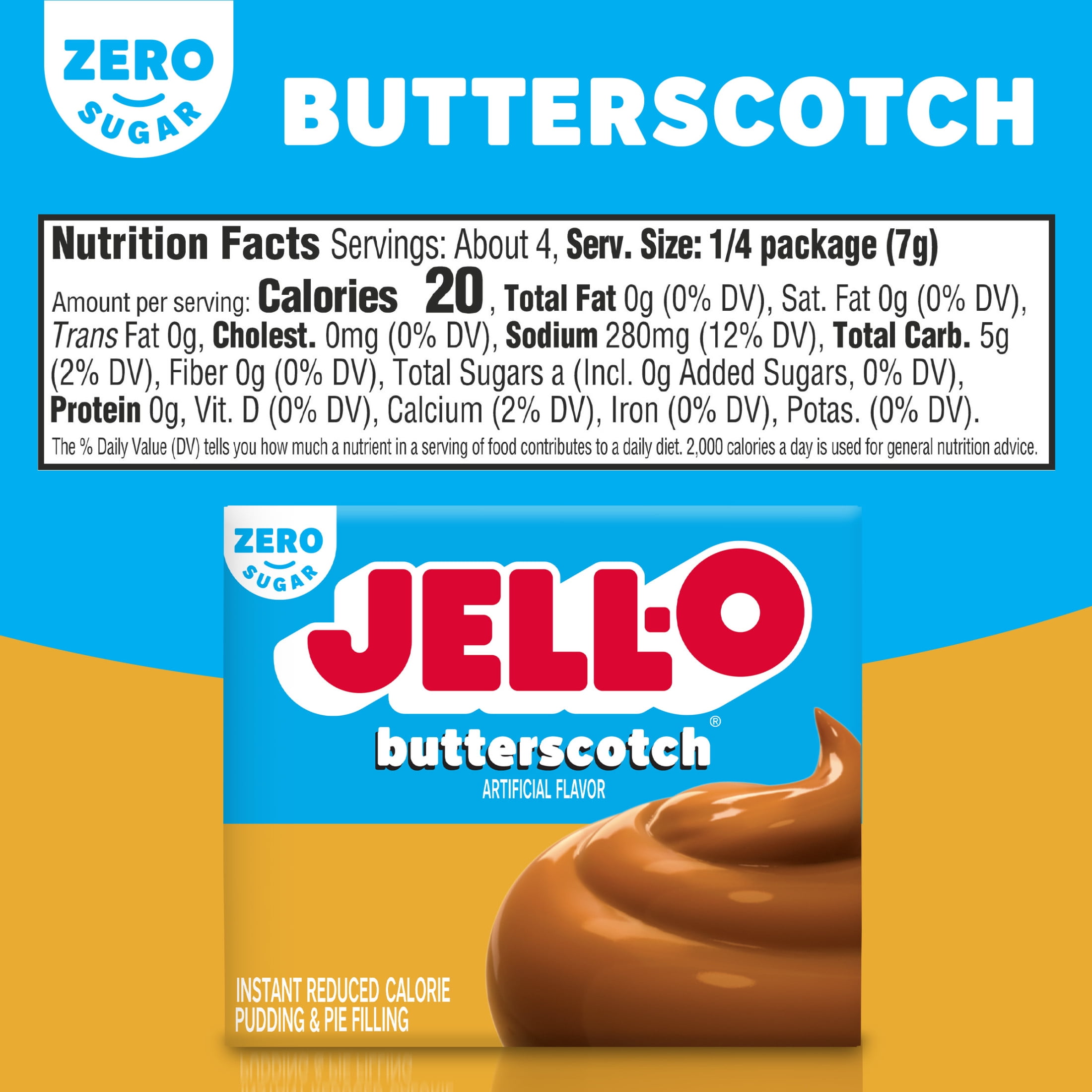 Jell-O Butterscotch Zero Sugar Instant Reduced Calorie Pudding & Pie Filling Mix, 1 oz Box
