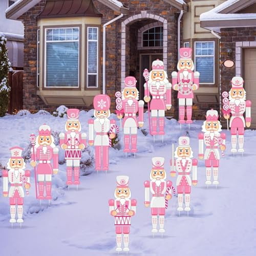 12 Pcs Pink Christmas Yard Sign Outdoor Christmas Yard Decor with Stakes Holiday Xmas Sign Cute Xmas Outside Lawn Decor for Outdoor Porch Garden Pathway Party