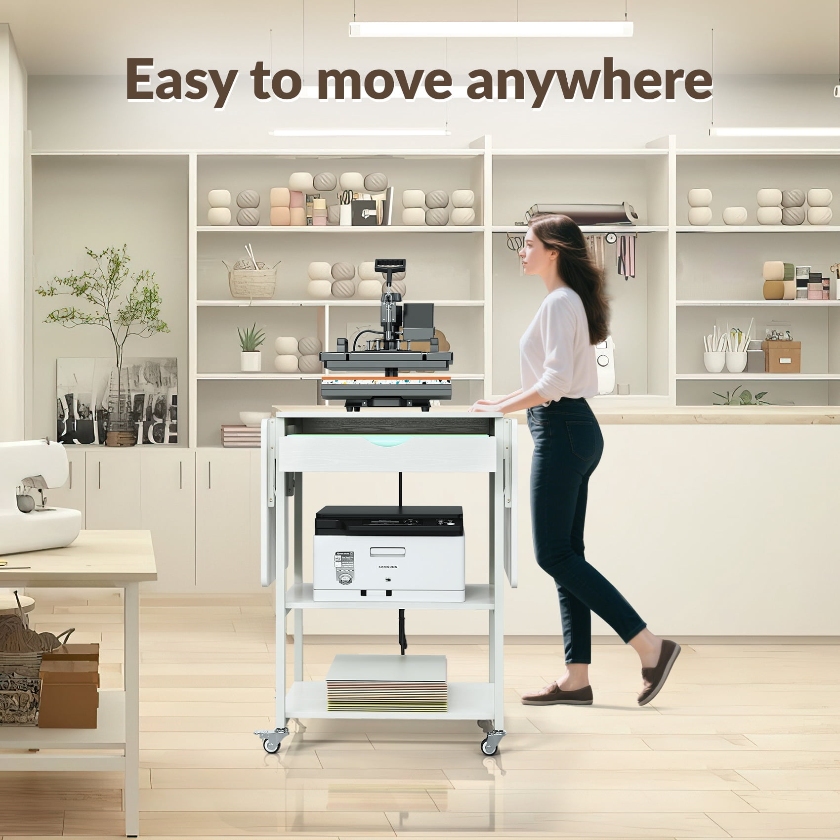TC-HOMENY Foldable Heat Press Machine Stand w/ Charging Station, Mobile Heat Printer Cart w/ 3-Tier Storage & Drawer, Movable Heat Transfer Machine Workbench, White