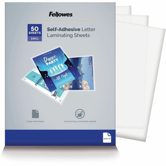Fellowes Mfg Co. 5221502 9.25 in. x 12 in. 3 mil Self-Adhesive Laminating Sheets - Gloss, Clear (50/Pack)