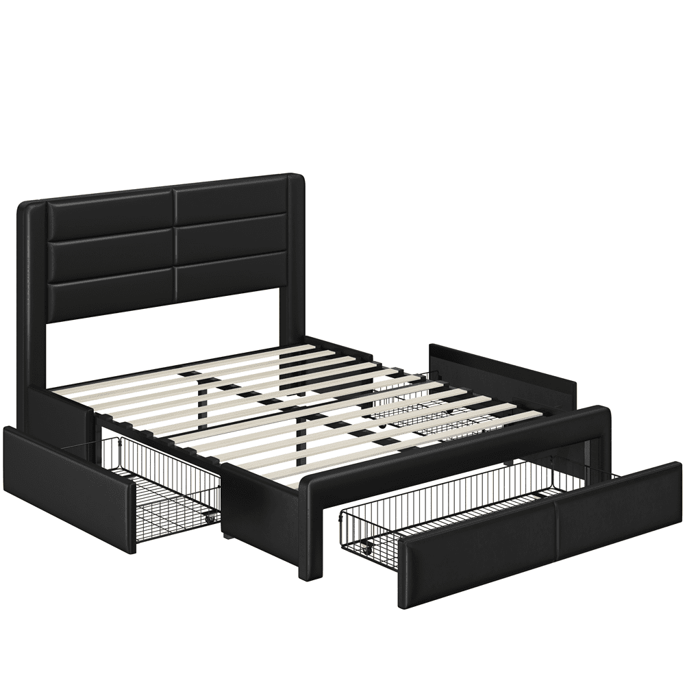 Renwick Upholstered Platform Bed with Storage Drawers and USB Ports, All Ages, Black, Queen