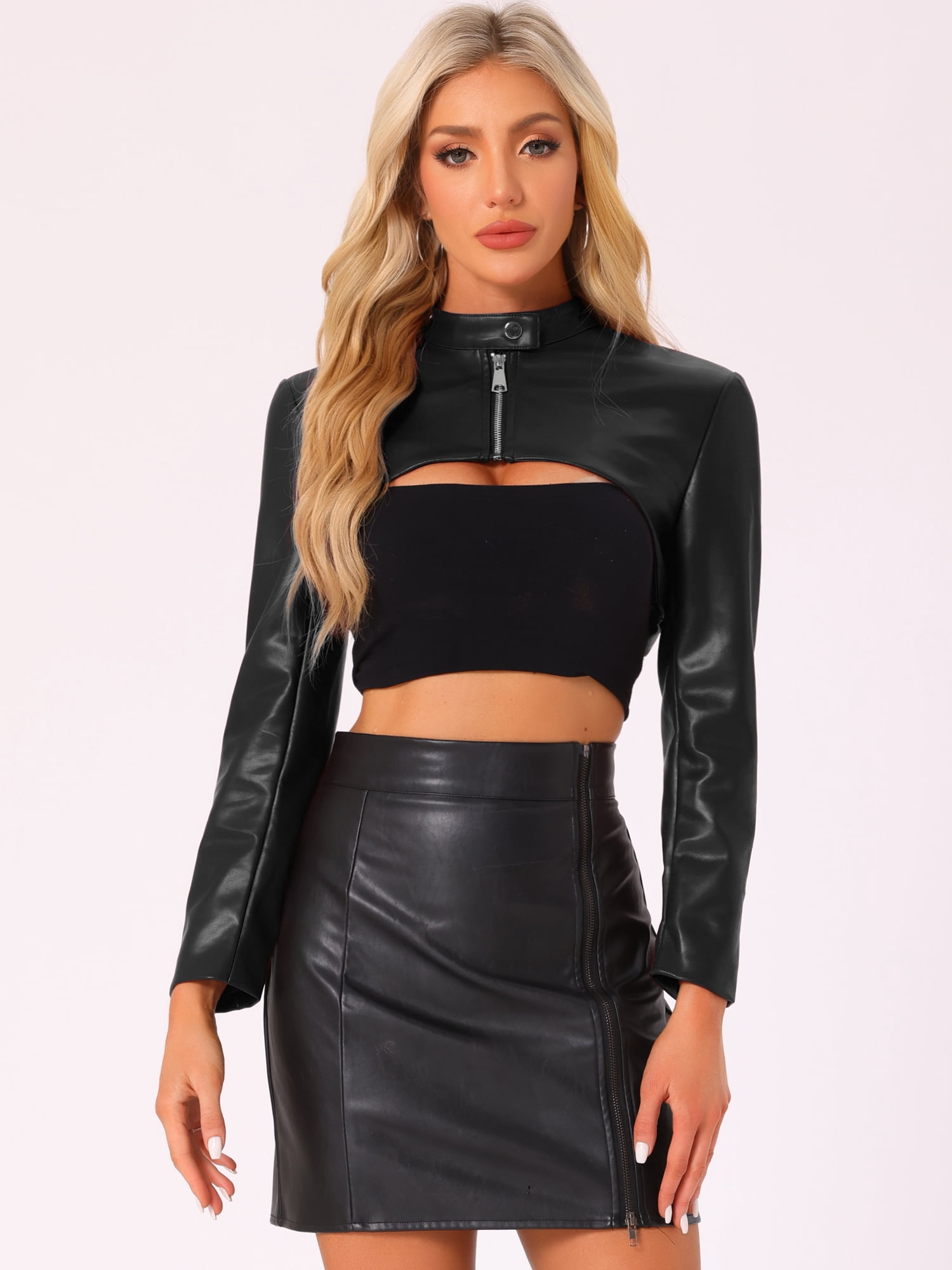DARING DIVA Women's Faux Leather Cropped Stand Collar Zipper Front Moto Jacket XS Black