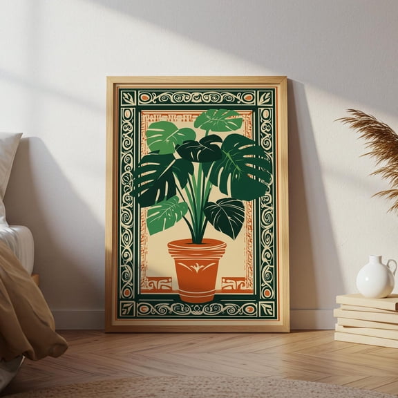 Monstera Plant Folk Art Botanical Wall Art, Unframed Paper Print Size 8x12