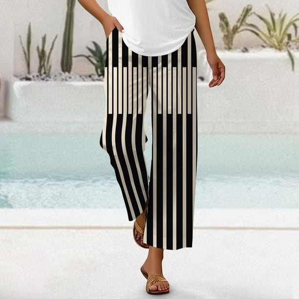 WILLBEST Pantalones Casuales para Mujer - Capri Holgado de Lino con Estampado Floral Bohemio, Rayas, Cintura Elástica y Cordón Ajustable para Relajarse y Actividades al Aire Libre. XXXL