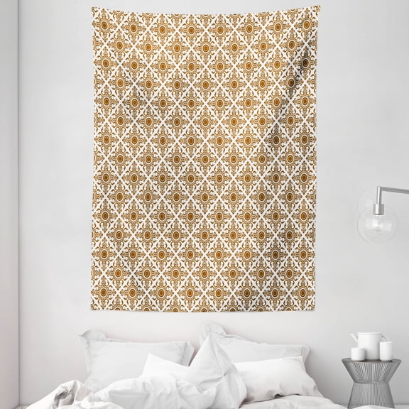 Ethnic Tapestry, Thai Mosaic Art Culture Stylized Abstract Lines Dots Pattern Folk Asian Design, Wall Hanging for Bedroom Living Room Dorm Decor, 60W X 80L Inches, Redwood White, by Ambesonne