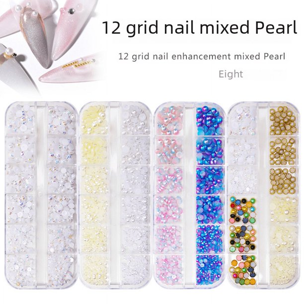 Uñas japonesas Perla 12 caja tamaño mixto borde semicírculo AB color mágico redondo sirena Perla